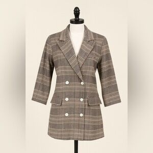 Hey You – Women’s Double-Breasted Plaid Blazer, Size XS, Brown/Orange, Lined